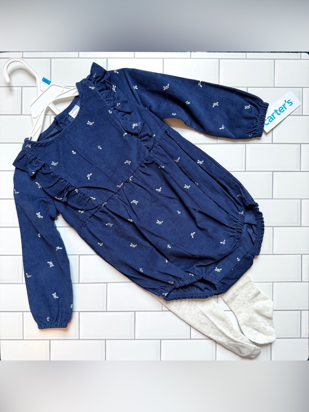 24M🪻 Carter’s 2pc Corduroy Flutter Long Sleeve Navy Blue Bodysuit & Tights NWT